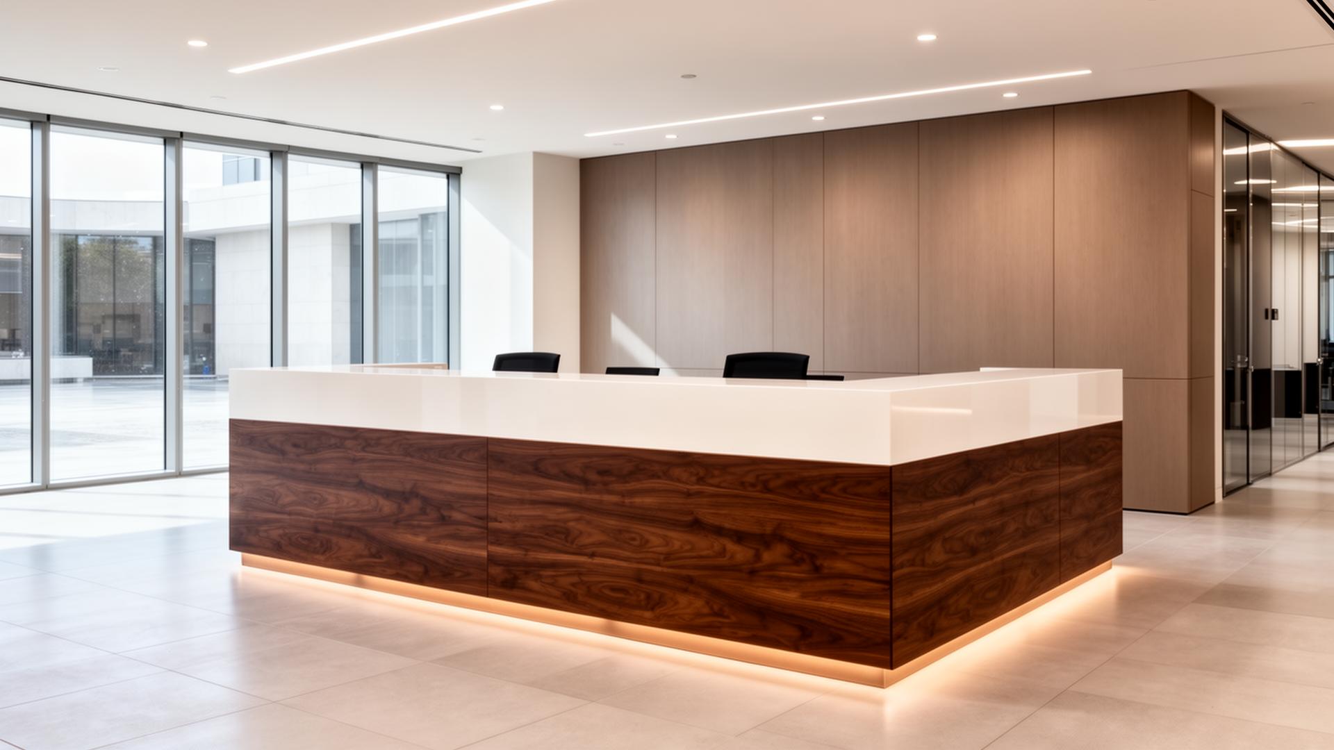 Commercial millwork Toronto — premium reception desk and architectural millwork installation by MBM Inc.